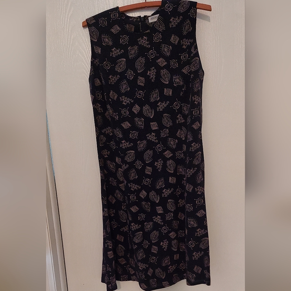 Like New Elegant 100% Silk Navy Blue Patterned Dress